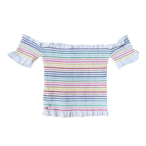 Aqua Rainbow Stripe Off Shoulder Smocked Ruffle Crop Top - Size XS - Picture 3 of 11